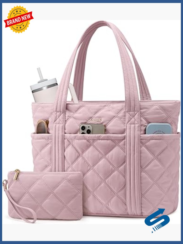 Puffer Tote Bag With Cup Holder, 27l Work Handbag For Teacher Nurse Gym